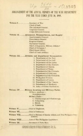Arrangement of the annual reports of the war department for the year ended june 30, 1909