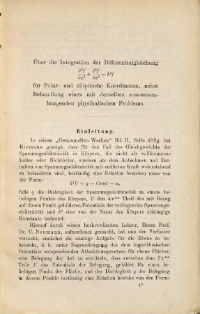 Über die Integration der Differentialgleichung [delta]2f/[delta]x2 + [delta]2f/[delta]y2 = k2f für Polar- und elliptische Koordinaten nebst Behandlungeines mit derselben zusammenhängenden physikalischen Problems