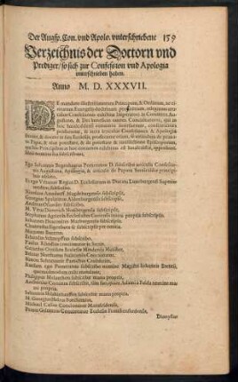 Verzeichnis der Doctorn und Prediger/ so sich zur Confession und Apologia unterschrieben haben.