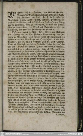 Wir Friederich der Dritte, von Gottes Gnaden. Marggraf zu Brandenburg ...