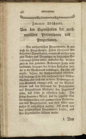 Zweiter Abschnitt. Von den Eigenschaften der arithmetischen Proportionen und Progreßionen.
