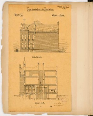 Kreiskrankenhaus, Insterburg Monatskonkurrenz November 1885: Aufriss Seitenansicht, Querschnitt; Maßstabsleiste