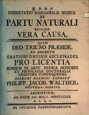Diss. inaug. med. de partu naturali eiusque vera causa