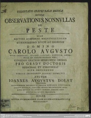 Dissertatio Inauguralis Medica Sistens Observationes Nonnullas De Peste