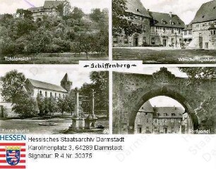 Schiffenberg bei Gießen, Kloster / Totalansicht, Wirtschaftsgebäude, Klosterkapelle und Nordportal
