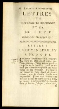 Lettres de différentes Personnes & de Mr. Pope. Depuis 1714 jusqu'à 1721.