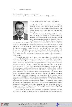 Antrittsrede von Herrn Jürg Leuthold an der Heidelberger Akademie der Wissenschaften vom 22. Januar 2011