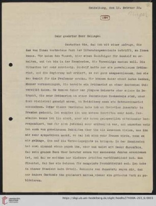 Korrespondenz Rudolf Unger / Heinrich Rickert: Brief von Heinrich Rickert an Rudolf Unger
