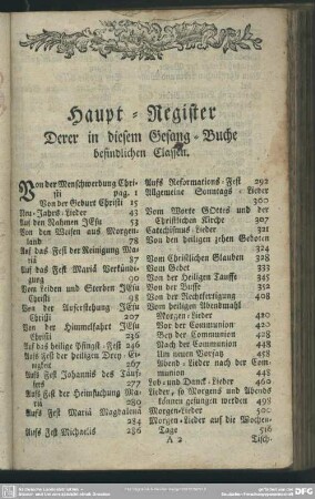 Haupt-Register Derer in diesem Gesang-Buche befindlichen Classen