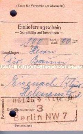 Einlieferungsschein (Postanweisung) über 100 Reichsmark - Familienkonvolut