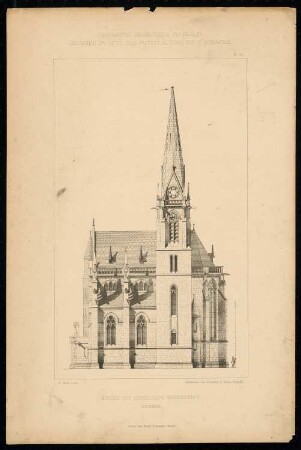 Kirche mit einseitigem Nebenschiff: Nordseite (aus: C. Schäfer, Die Bauhütte, Entwürfe im Stile des Mittelalters, 1. Bd., 1883, Tafel 36)