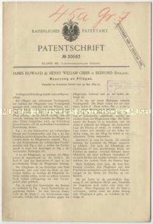 Patentschrift einer Neuerung an Pflügen, Patent-Nr. 30583