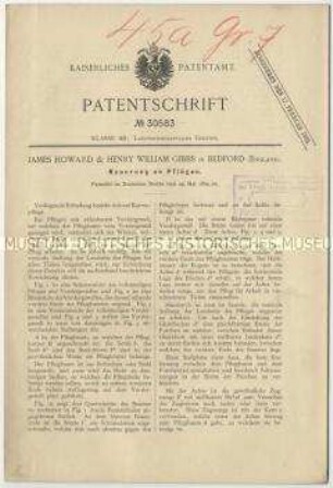 Patentschrift einer Neuerung an Pflügen, Patent-Nr. 30583