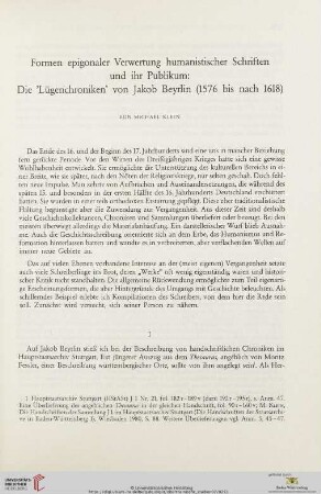 Formen epigonaler Verwertung humanistischer Schriften und ihr Publikum: die "Lügenchroniken" von Jakob Beyrlin (1576 bis nach 1618)