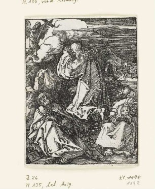 Christus am Ölberg, Blatt 11 aus: Albrecht Dürer, "Passio Christi ab Alberto Durer Nurenbergensi effigiata cum varij generis carminibus Fratris Benedicti Chelidonij Musophili", Nürnberg 1511, S. Biii