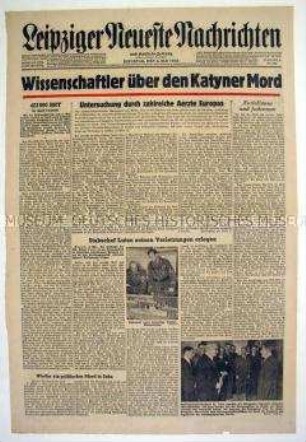 Titelblatt der Tageszeitung "Leipziger Neueste Nachrichten" zum Massaker von Katyn (Schlagzeile: "Wissenschaftler über den Katyner Mord")