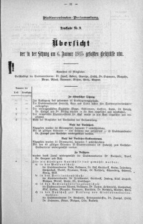 Übersicht der in Sitzung gefaßten Beschlüsse (9), 06. Januar 1915