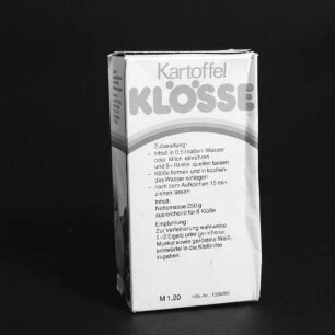 Kartonschachtel (Rückseite) für Kartoffelklöße des VEB Kartoffelveredlungswerk Freital
