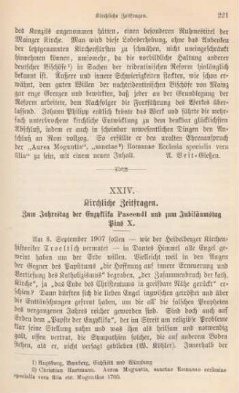 221-233 Kirchliche Zeitfragen : zum Jahrestag des Enzyklika Pascendi und zum Jubiläumstag Pius X.