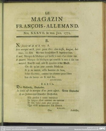 Nro. XXXVII. le VIII. Jan. 1778