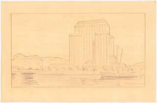 Hochhaus am Bahnhof Friedrichstraße, Berlin: Perspektivische Ansicht von der Spree aus (von Inv.Nr. 8969)