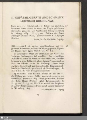 II. Gefässe, Geräte und Schmuck Leipziger Ursprungs