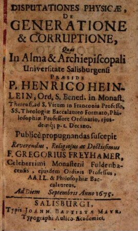 Disputationes Physicae, De Generatione & Corruptione