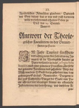 Antwort der Theologischer Faculteten/ in der Universiteten zu Paris.