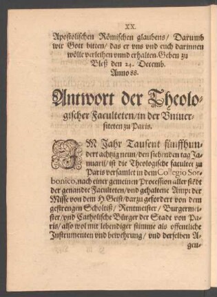 Antwort der Theologischer Faculteten/ in der Universiteten zu Paris.