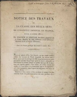 Notice des travaux de la Classe des Beaux Arts, de l'Institut Impérial de France, pour l'anne 1812