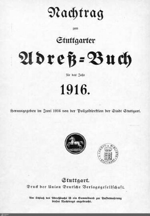 1916 - Nachtrag: Stuttgarter Adressbücher / Nachtrag, 1916