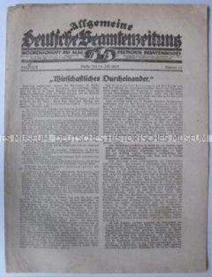 Mitteilungsblatt des Deutschen Beamtenbundes u.a. zur Gründung der "Beamteninternationale"