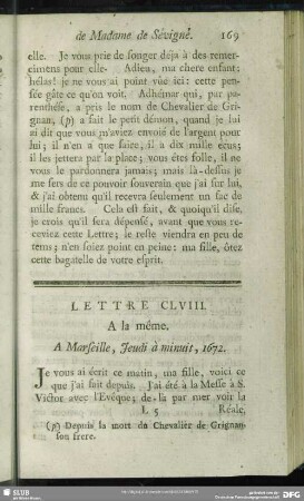 Lettre CLVIII. A la même. A Marseille, Jeudi à minuit, 1672