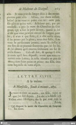 Lettre CLVIII. A la même. A Marseille, Jeudi à minuit, 1672
