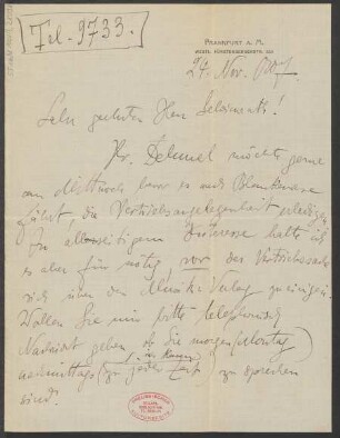 Brief an Ludwig Strecker  und B. Schott's Söhne : 24.11.1907