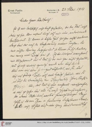Nachlass Gustav Radbruch. Korrespondenz Ernst Fuchs/Gustav Radbruch: Brief von Ernst Fuchs an Gustav Radbruch