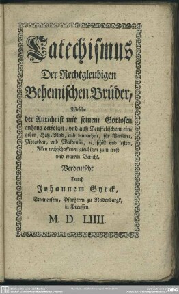 Catechismus Der Rechtgleubigen Behemischen Brüder