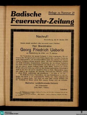 Badische Feuerwehr-Zeitung : offizielles Organ d. Badischen Landes-Feuerwehr-Verbandes u. d. badischen Feuerwehren, Beilage zur Badischen Feuerwehrzeitung