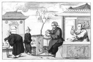 Porzellanmacher : Porzellanmacher. Illustration aus "Inventions Chinoises", Bd. XIV, Blatt 48. Kupferstich, Radierung, koloriert; 11,8 x 18,3 cm. Dresden: Kupferstich-Kabinett in B 1156, 2