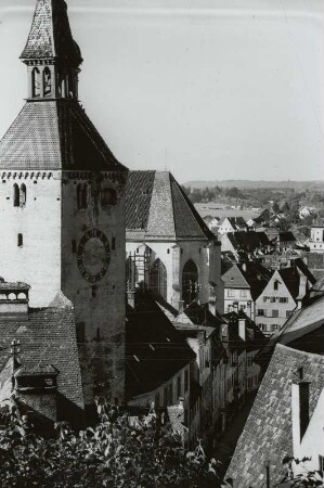 Landsberg am Lech, Stadtansicht : Landsberg am Lech. Stadtansicht mit Schmalztorturm (Schöner Turm) und Pfarrkirche Mariae Himmelfahrt
