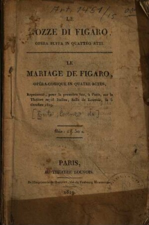 Le nozze di Figaro : opera buffa in 4 atti = Le mariage de Figaro
