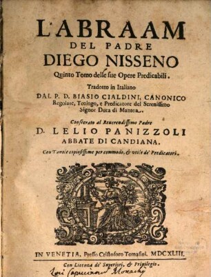 L' Abraam del Padre Diego Nisseno : quinto tomo delle sue opere predicabili