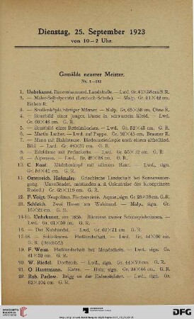 Dienstag, den 25. September 1923 von 10 – 2 Uhr: Gemälde neuerer Meister (Nr. 1-182)