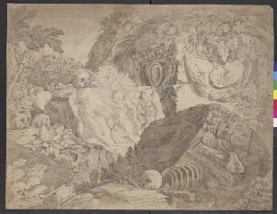 Capriccio mit römischen Grabsteinruinen und Skeletten