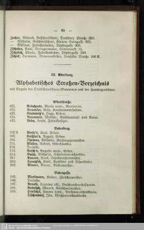 III. Abteilung. Häuserbuch : III. Abteilung. Alphabetisches Straßen-Verzeichnis