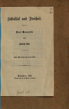 Schicksal und Freiheit : drei Sonnette