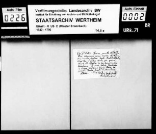 Fr. Vitalis Gassenfarth, Kleriker zu Bronnbach (Brunnbach), verspricht den Satzungen und Regeln des hl. Benediktus Treue und Gehorsam.