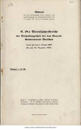 Sechster (8.) Vierteljahrsbericht des Verwaltungschefs bei dem General-Gouvernement Warschau