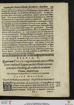Sectio V: Quintum Foreri argumentum, pro possibilitate implendi Legem perfestissime, a primo praecepto Decalogi, de credendo in unum Deum, deducutm