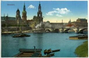 Dresden. Elbe, Augustusbrücke, Hofkirche, Schlossturm, Semperoper, Augustusbrücke